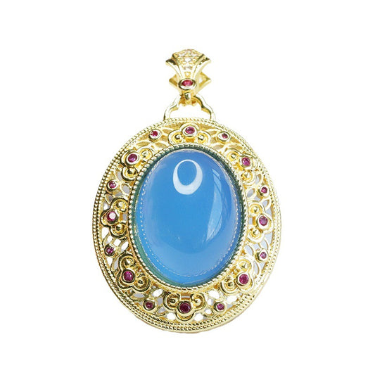 Oval Blue Chalcedony Hollow Vintage Zircon Pendant
