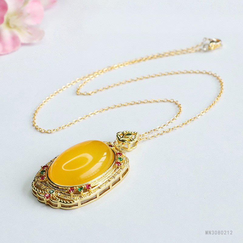 Yellow Chalcedony Vintage Oval Pendant — No Chain