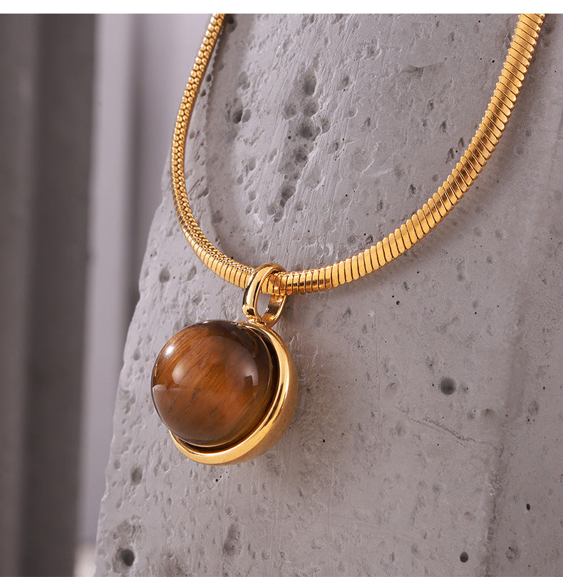 Snakeskin Chain Necklace with Geometric Beads and Tiger Eye Pendant