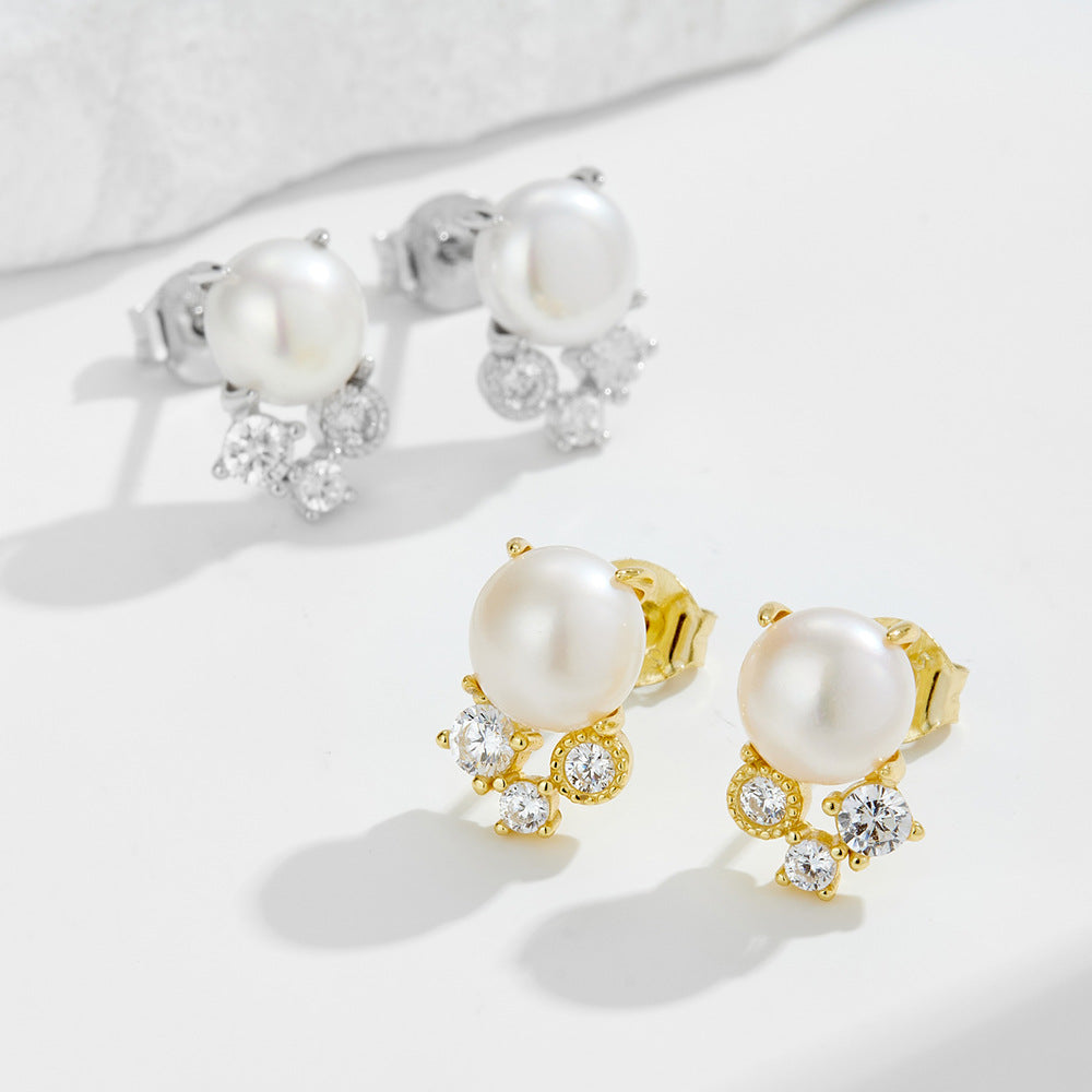 S925 Sterling Silver Natural Freshwater Pearl Stud Earrings Retro Zircon Earrings