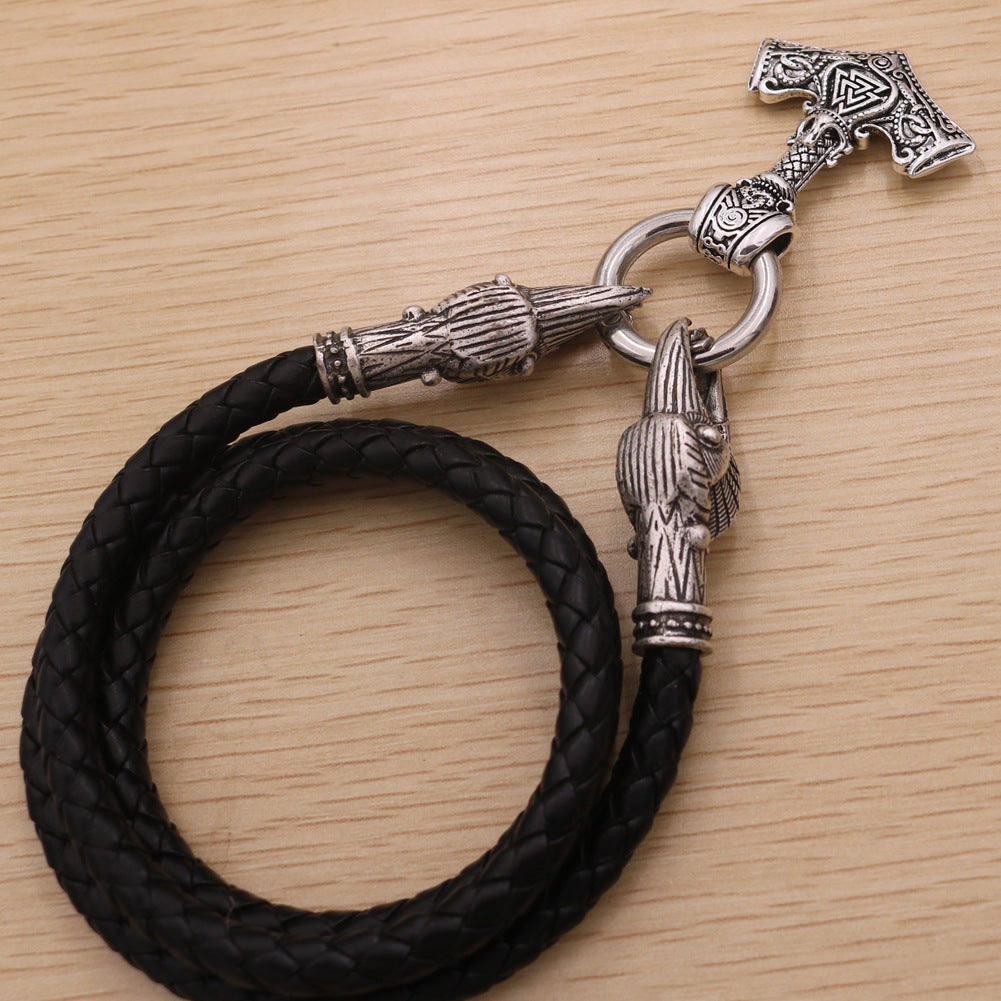 Viking Odin Thunder Hammer Necklace with Rune Characters and Crow Head Pendants