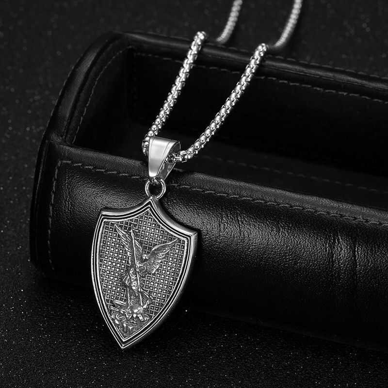 Steel Necklace - Vintage Saint Michael Shield Pendant