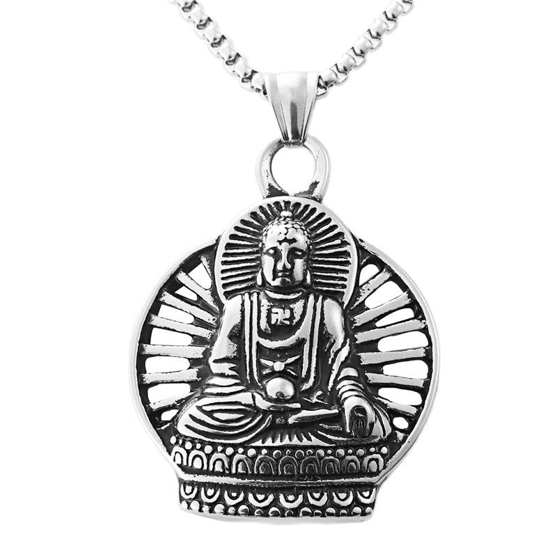 Titanium Steel Buddha Pendant Necklace for Men - Retro Punk Style Amitabha Design