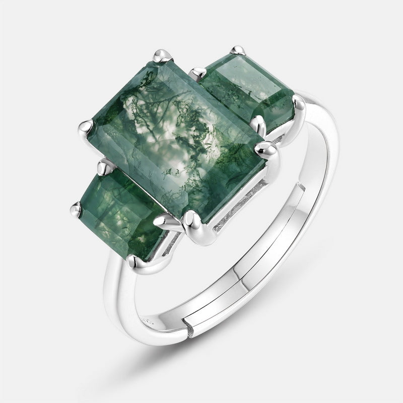 Planderful Jewelry Sterling Silver Moss Agate Ring Three Stone Adjustable Band Natural Green Stone