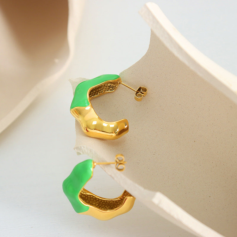 Green Retro C-Shaped Titanium Earrings