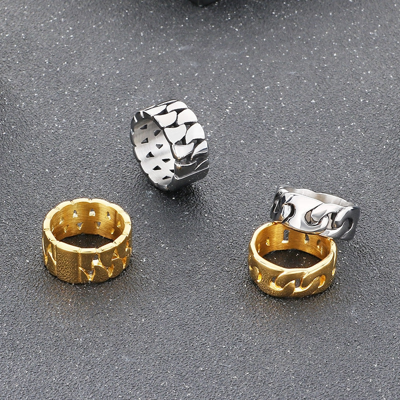 Planderful Mens Hollow Ring 18K Gold Titanium Cuban Chain