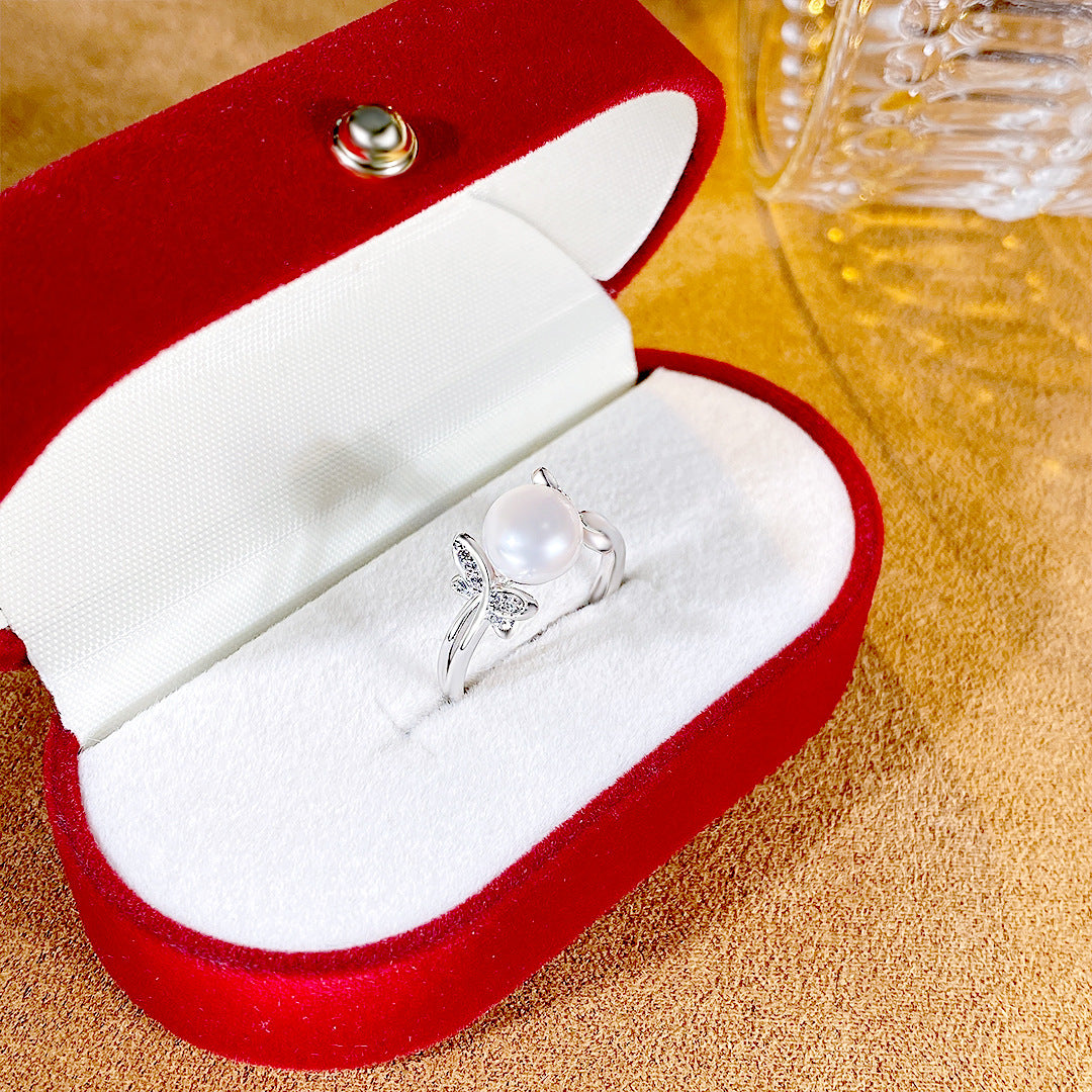 S925 Sterling Silver Freshwater Pearl Butterfly Ring — Adjustable