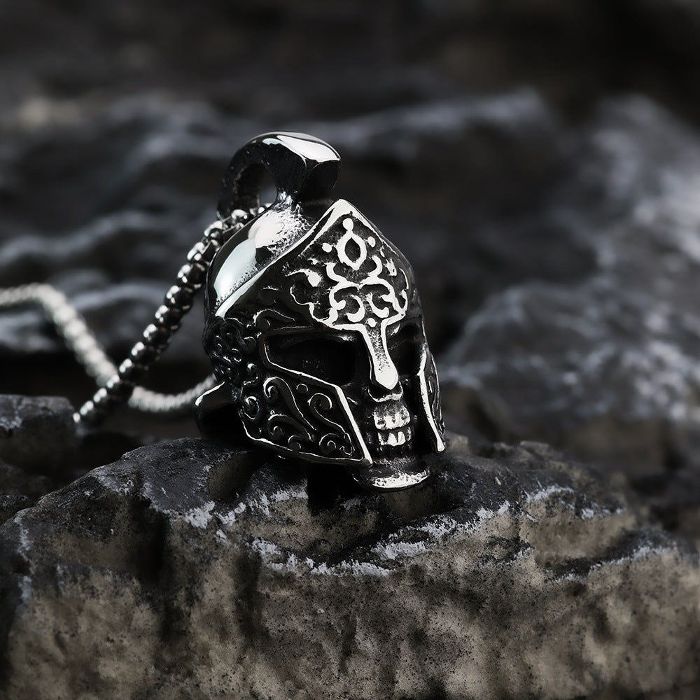 Planderful Shop Spartan Skull Helmet Pendant For Men Stainless Steel Oxidized Black Viking Jewelry