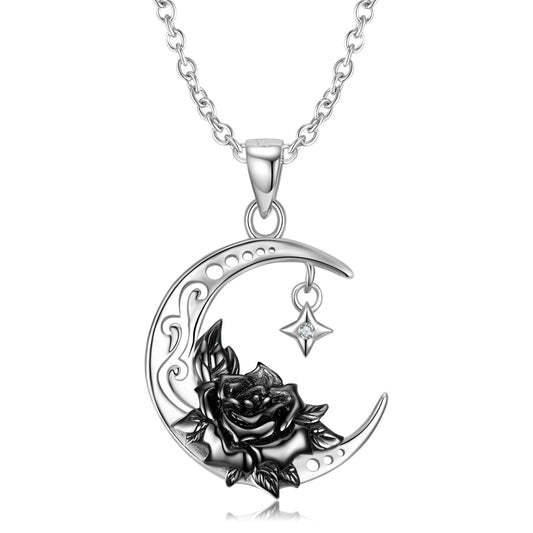 Black Water Lily Crescent Moon Pendant Silver Necklace