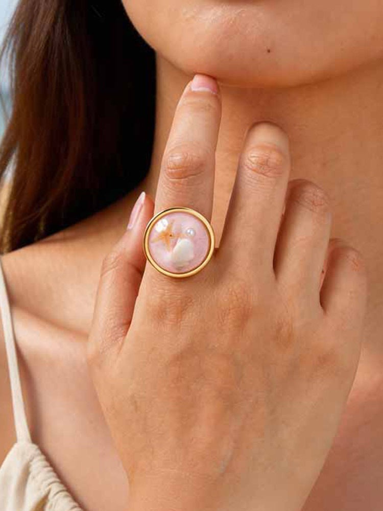 French Stainless Steel Resin Ocean Turquoise Starfish Pearl Opening Women's Ring