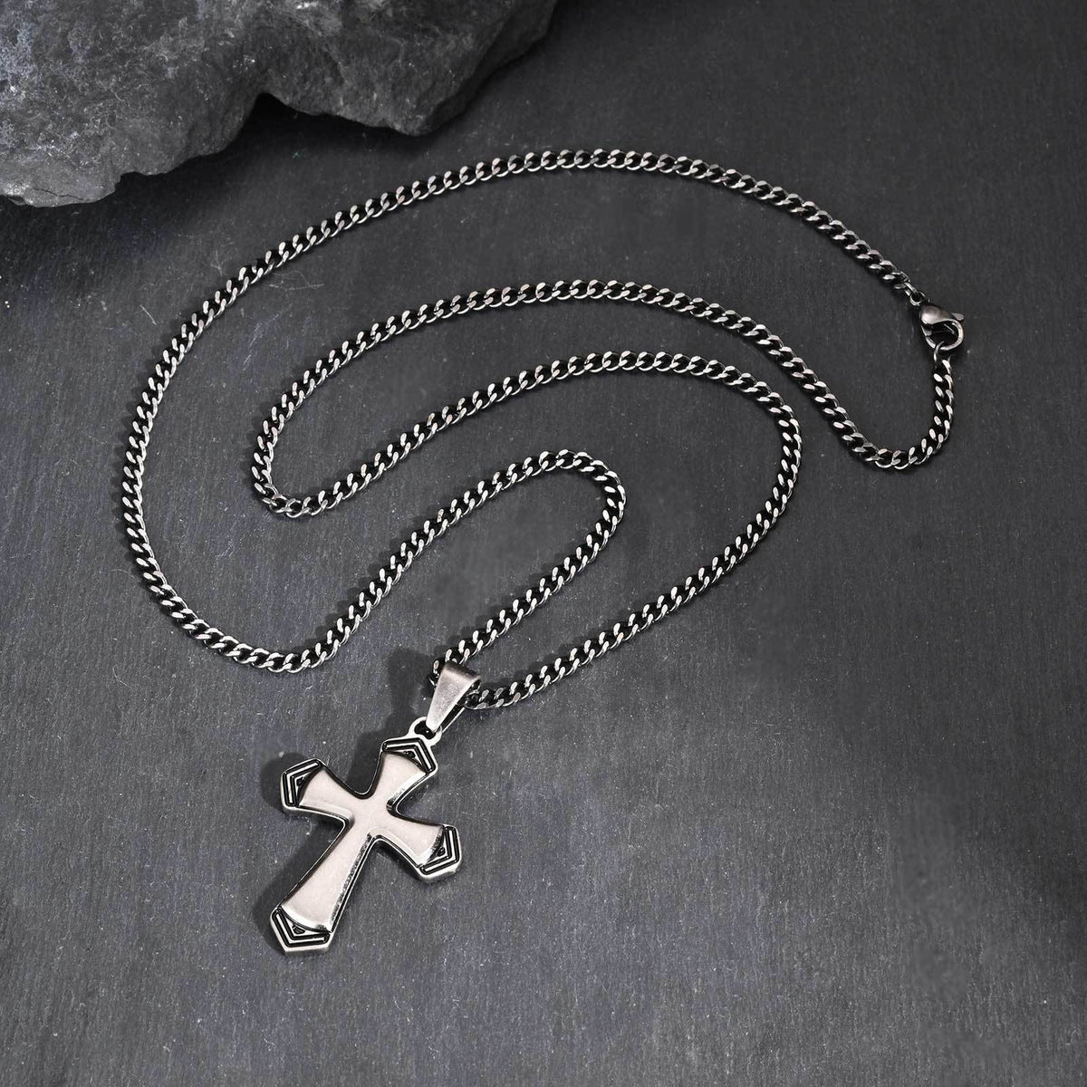 Stainless Steel Baked Black Lacquer Cut Cross Pendant Necklace