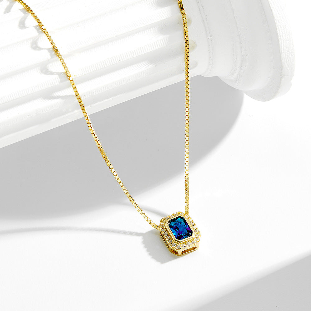 Planderful S925 Sterling Silver Necklace With Blue Zircon Square Pendant For Women Elegant Light Luxury Collarbone Chain