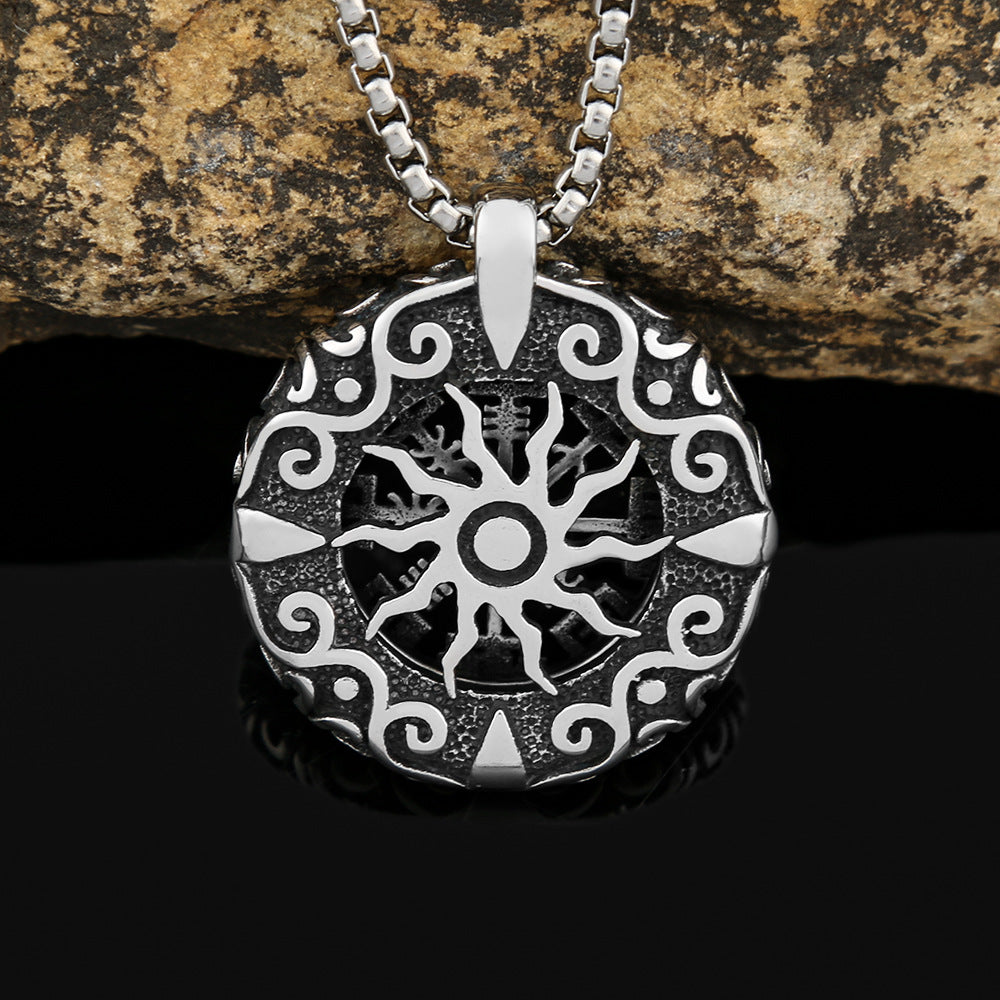 Stainless Steel Hollow Sun Pendant Compass Necklace for Men