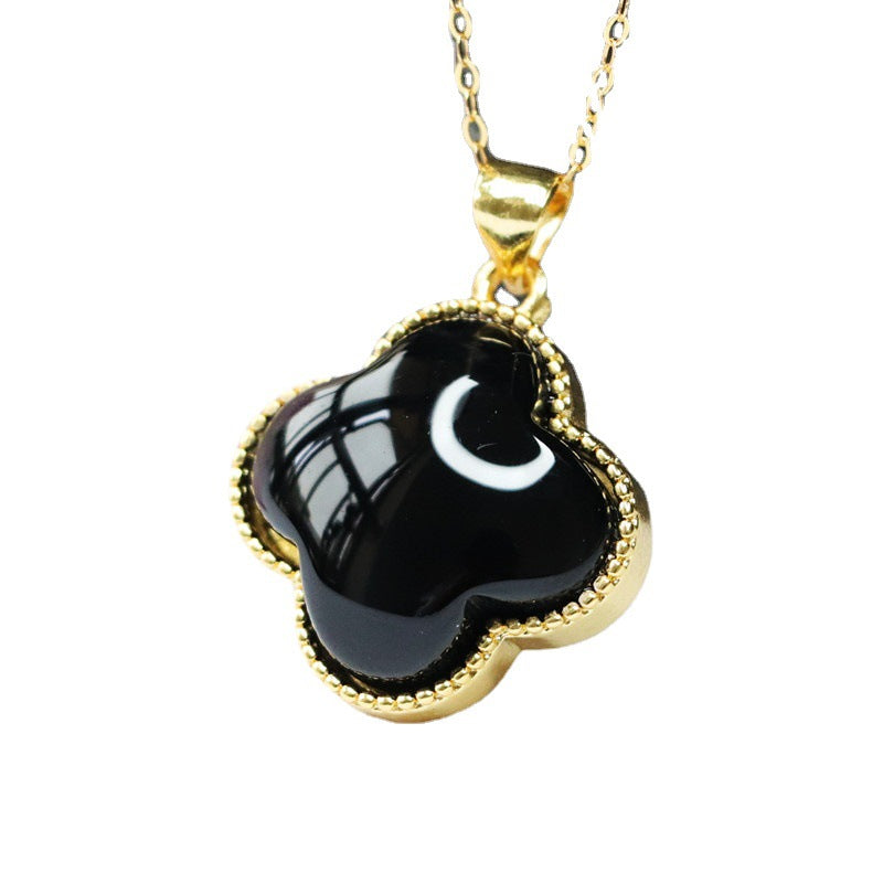 Black Agate Clover Pendant — No Chain