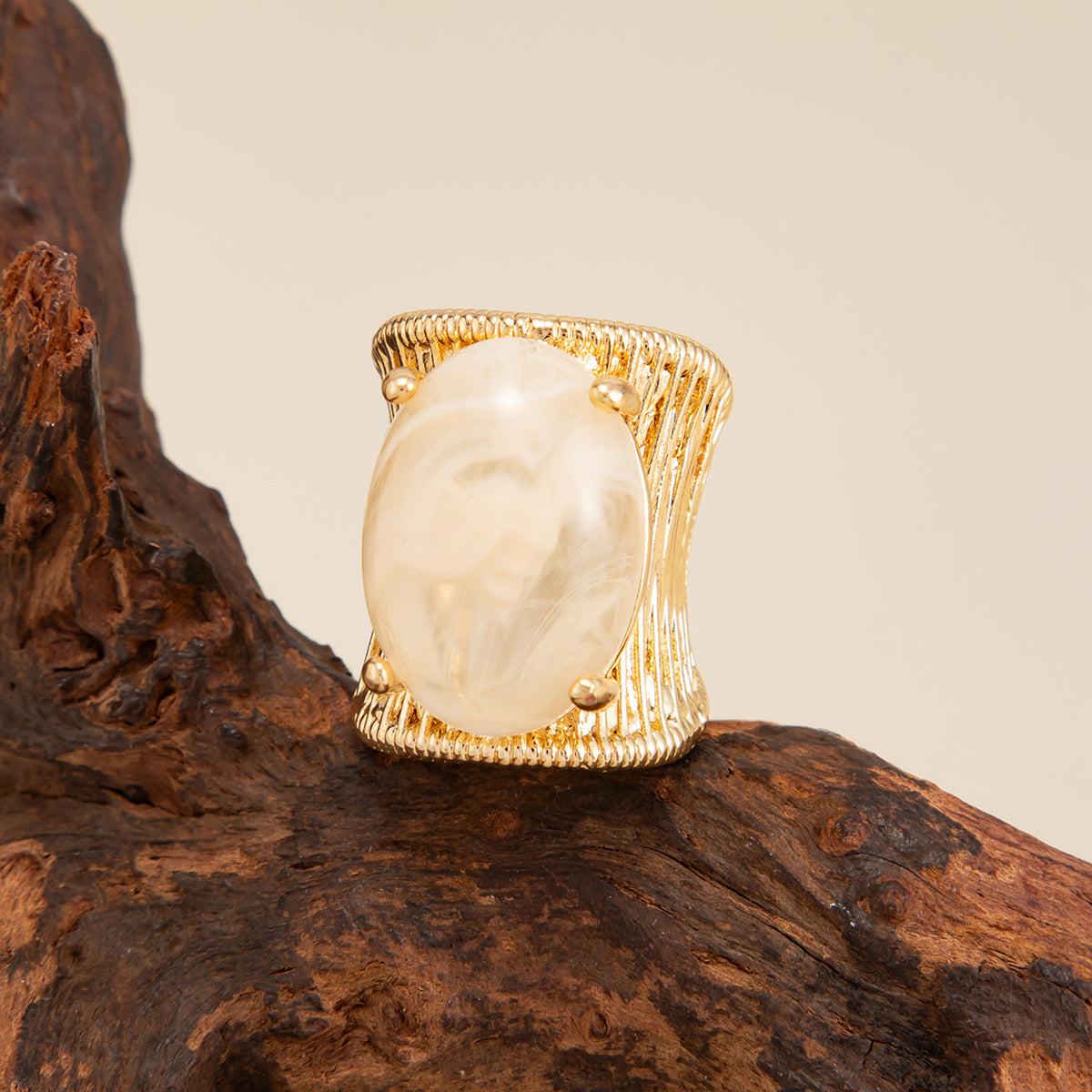 Planderful Geometric Open Ring For Women Brushed Metal Statement Vienna Verve Maillard Stone