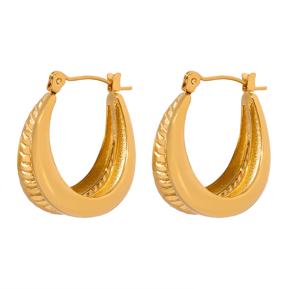 Exaggerated Geometric Gold-Plated U-Shaped Earrings with Twill Detail