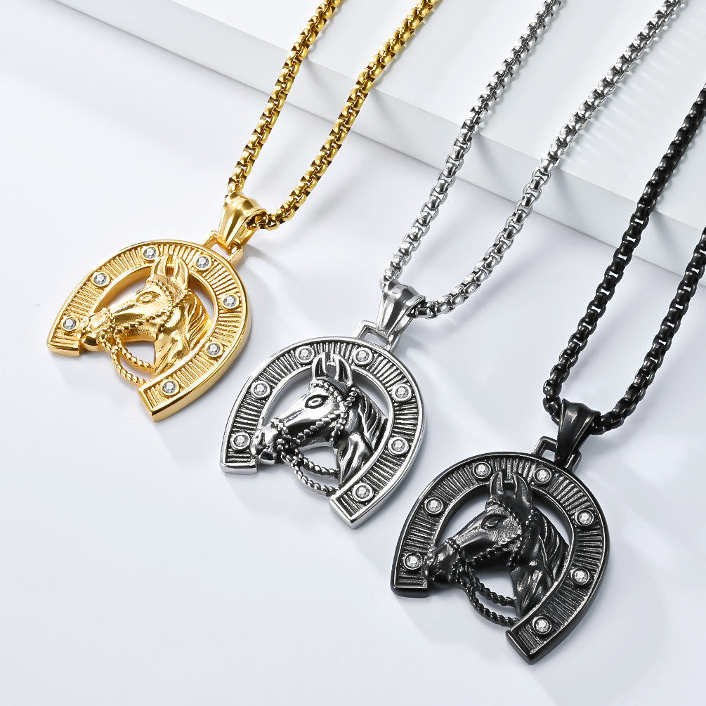 Planderful Durable Stainless Steel Horse Head Necklace For Men Hip Hop Style Retro Horseshoe Design Premium Jewelry