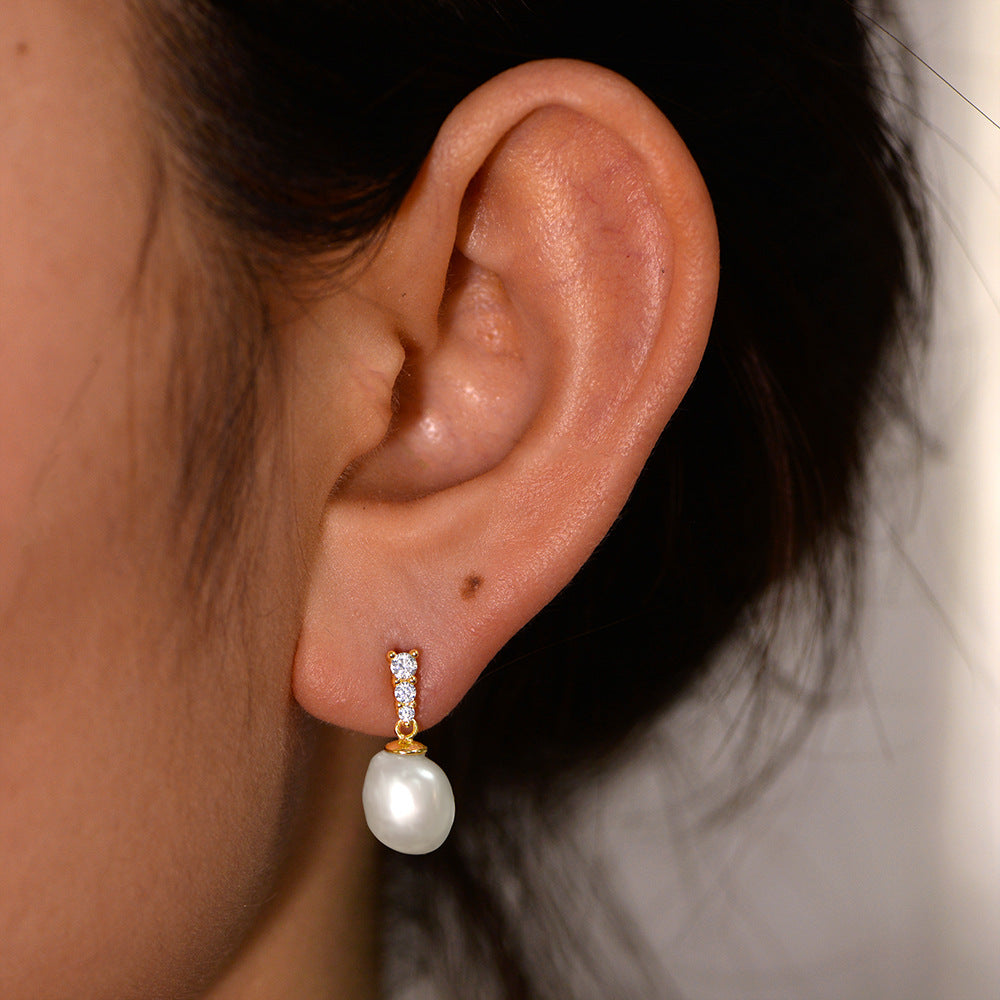 S925 Sterling Silver Natural Freshwater Baroque Pearl Earrings Micro Zircon Stud Earrings