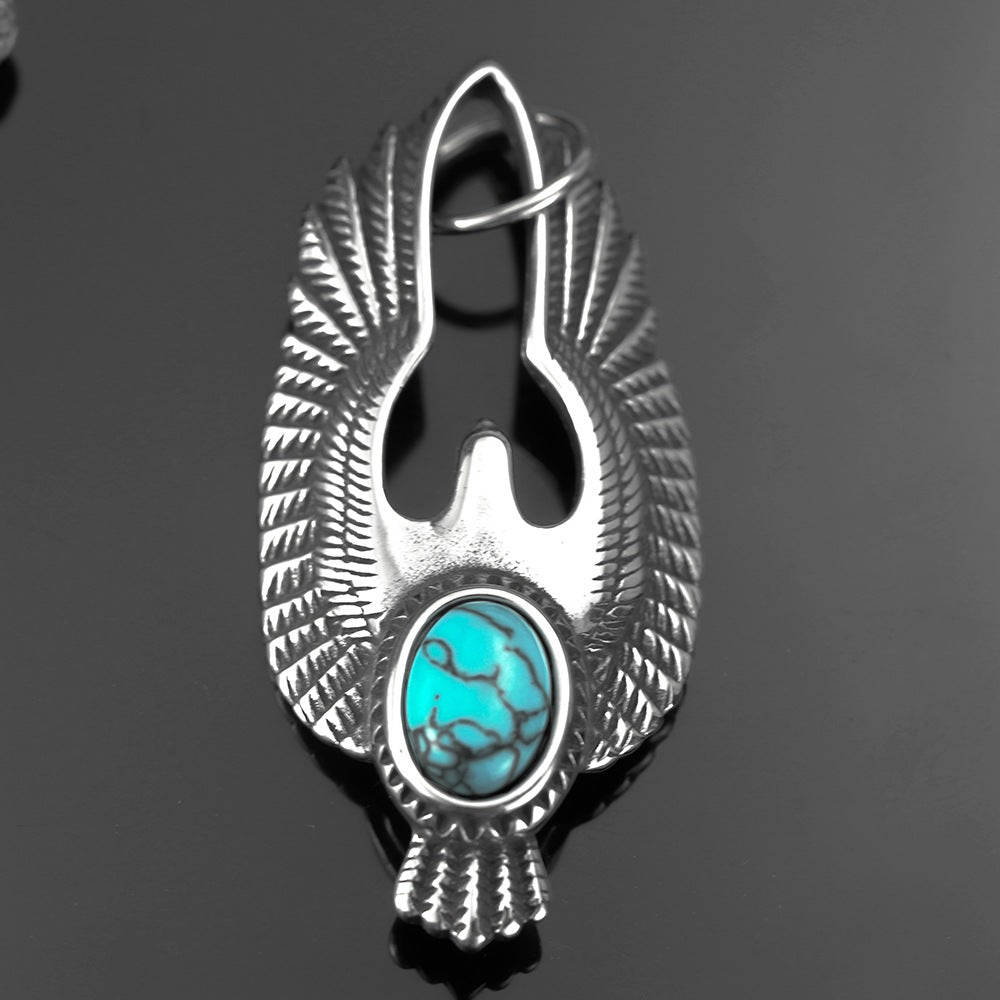 Vintage Stainless Steel Men's Pendant With Turquoise Eagle Necklace