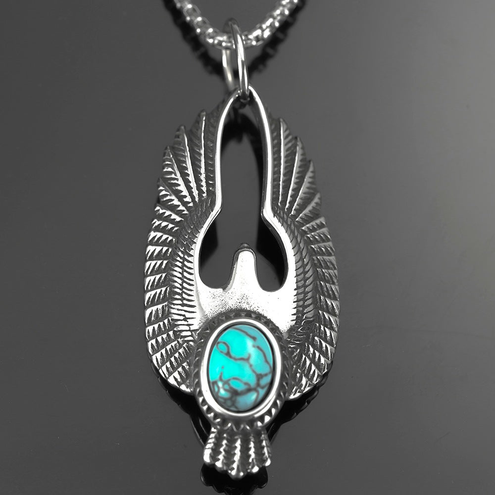 Vintage Stainless Steel Men's Pendant With Turquoise Eagle Necklace