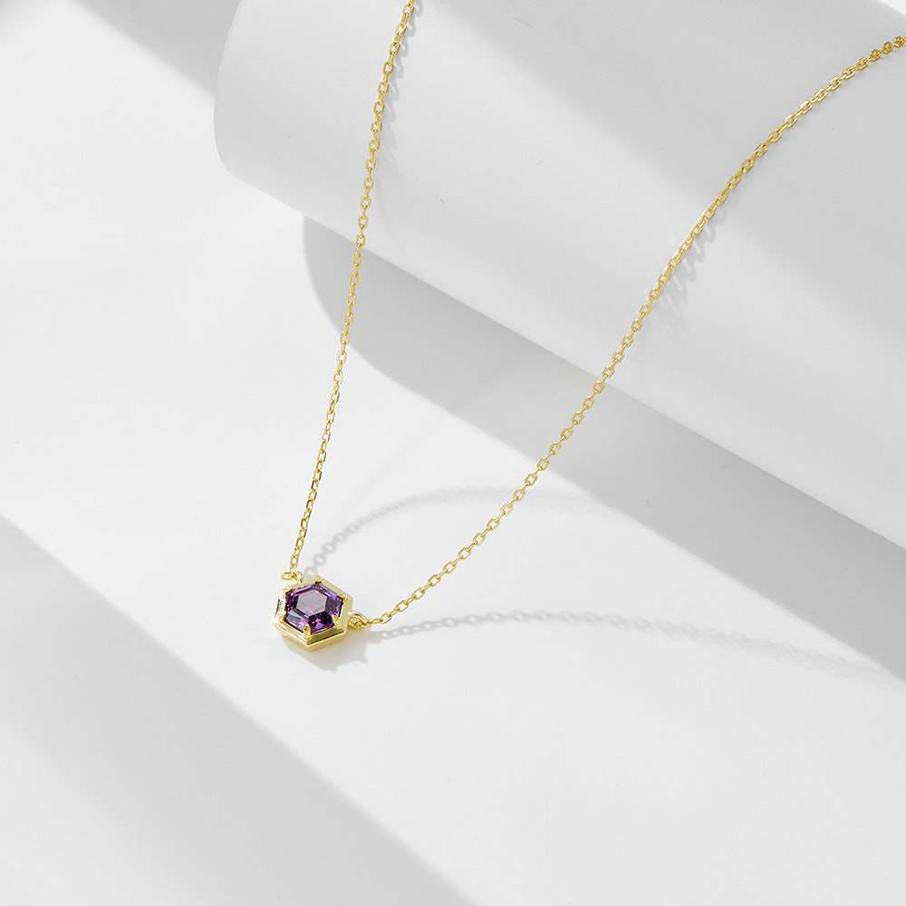 925 Pure Silver Hexagonal Amethyst Zircon Pendant Necklace, Geometric Colored Gemstone