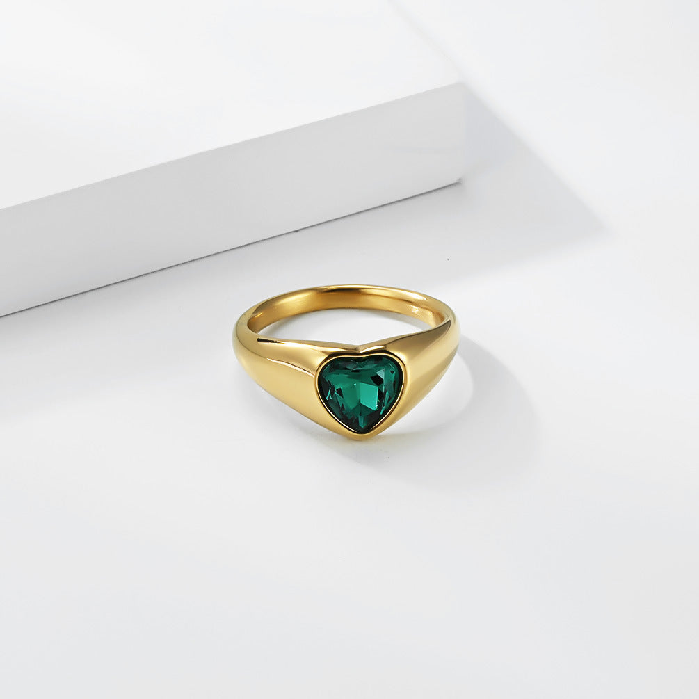 Zircon Ring – Elegant Heart-Shaped Gold-Plated Steel