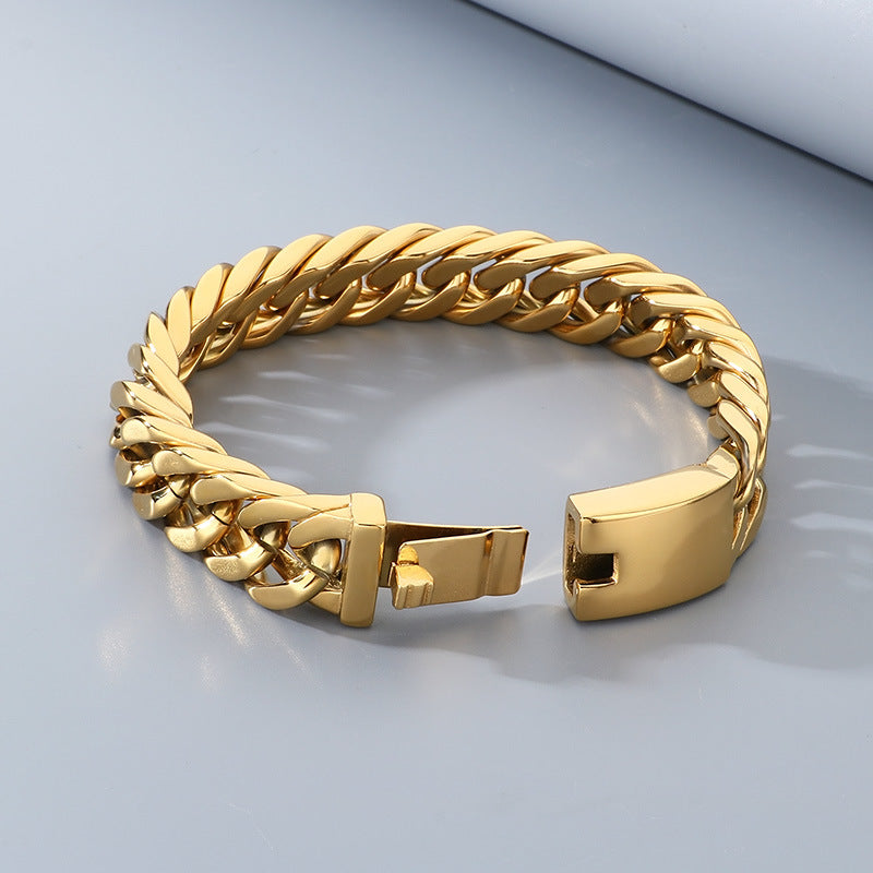 Glossy – 15mm Double Woven Four-Sided Grinding Cuban Chain Titanium Steel Men's Casting Bracelet