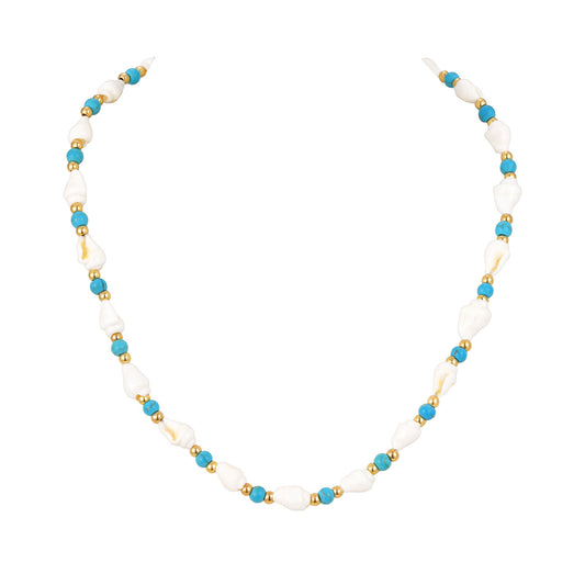 Ocean Wind Stainless Steel Ball Shell Blue & White Beaded Adjustable Necklace Casual