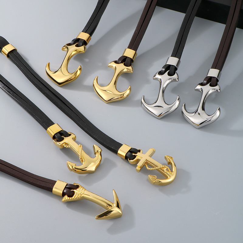 Planderful Men Pirate Durable Steel Cowhide Anchor Bracelet