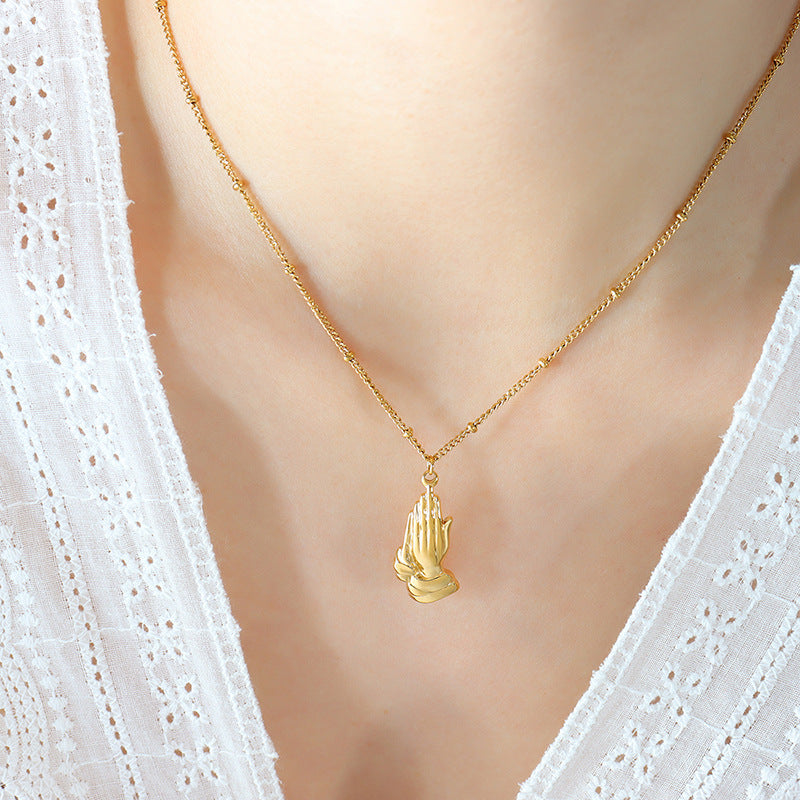 Hip-Hop Folded Hands Pendant Necklace - Luxury Titanium Steel Gold-Plated Accessory