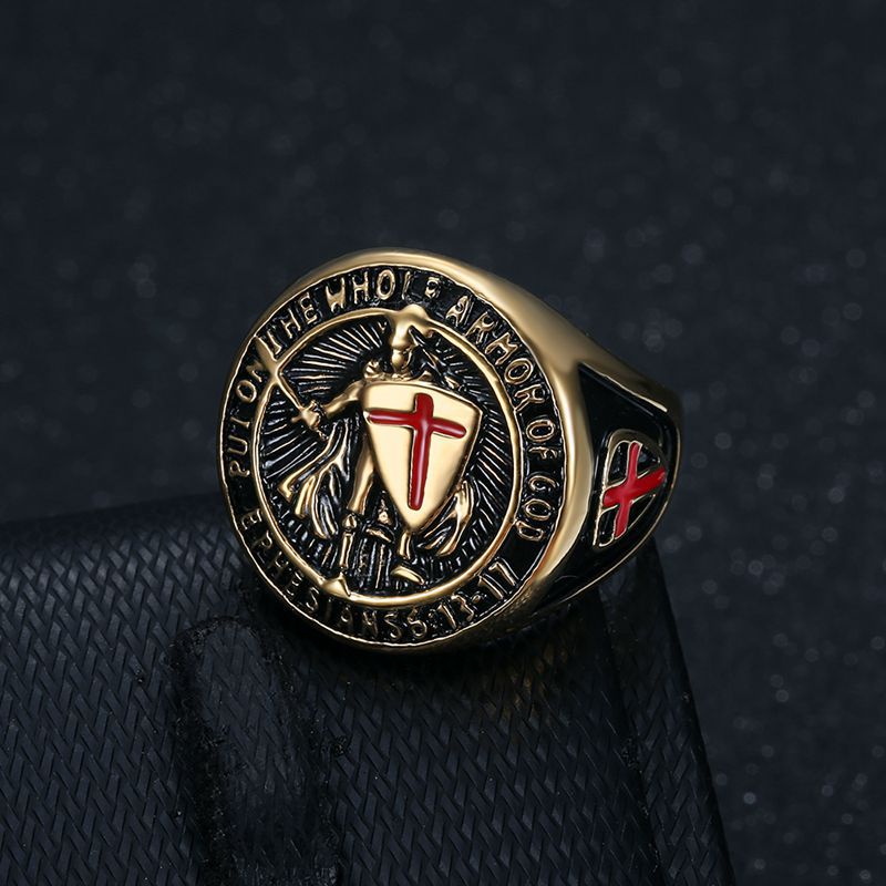 Planderful Everyday Genie Titanium Steel Gold Plated Ring Red Cross Shield For Men Hip Hop Style