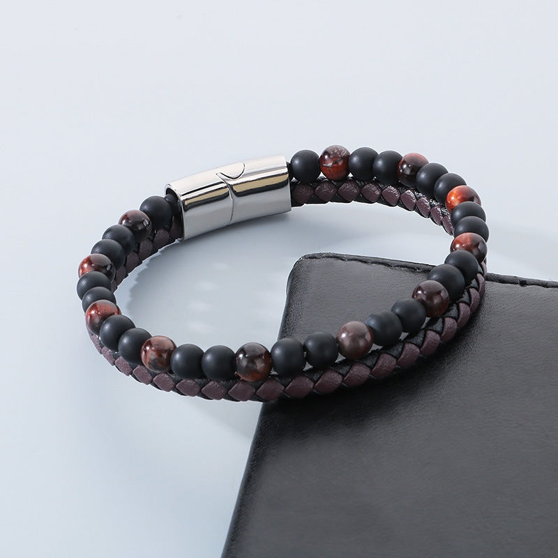 Planderful Men's Leather Bracelet Handwoven Tiger's Eye