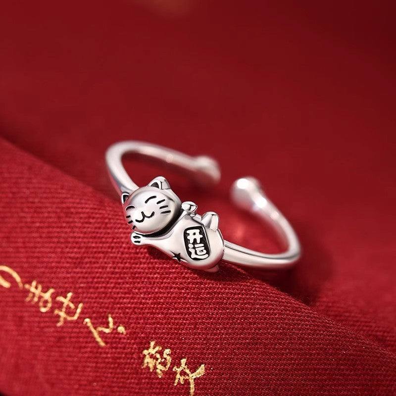 New 925 Sterling Silver Lucky Cat Ring Female Niche Design