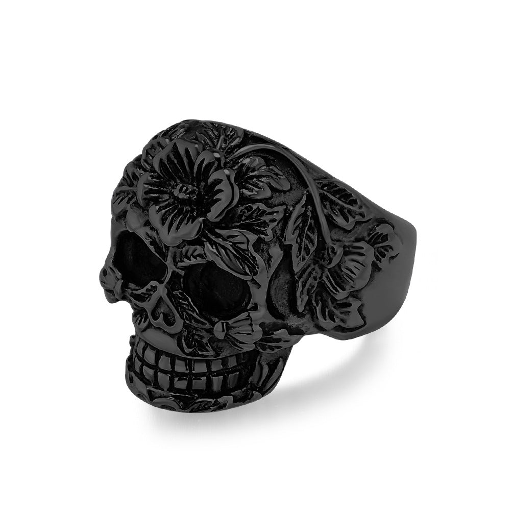 Flower Grass Skull Stainless Steel Ring Men's