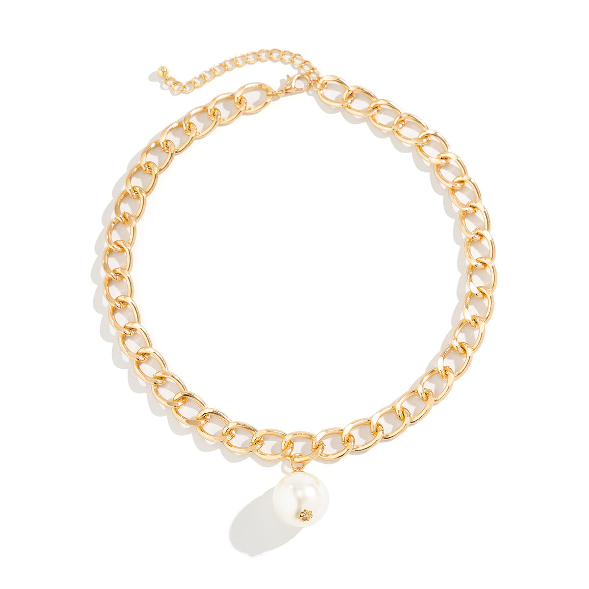 Chic Metal Chain Necklace with Imitation Pearl Pendant and Diamonds