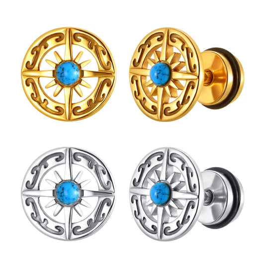 Planderful Turquoise Compass Stud Earrings Stainless For Men