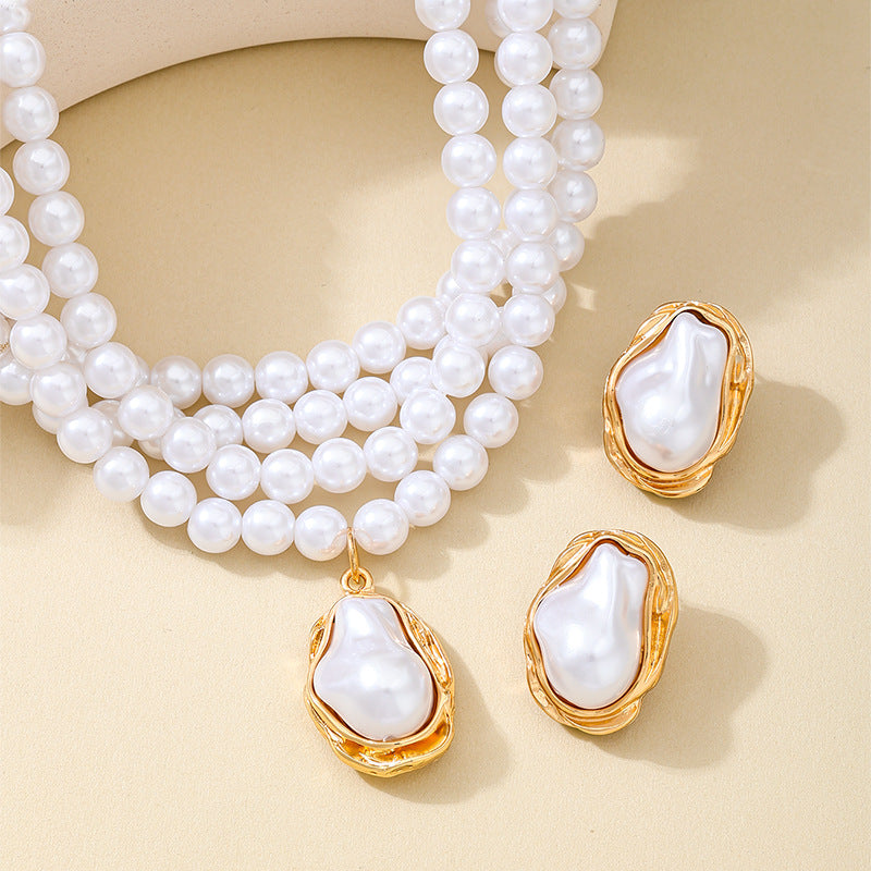 Gorgeous Multi-Layered Pearl Necklace Earrings Set for Women