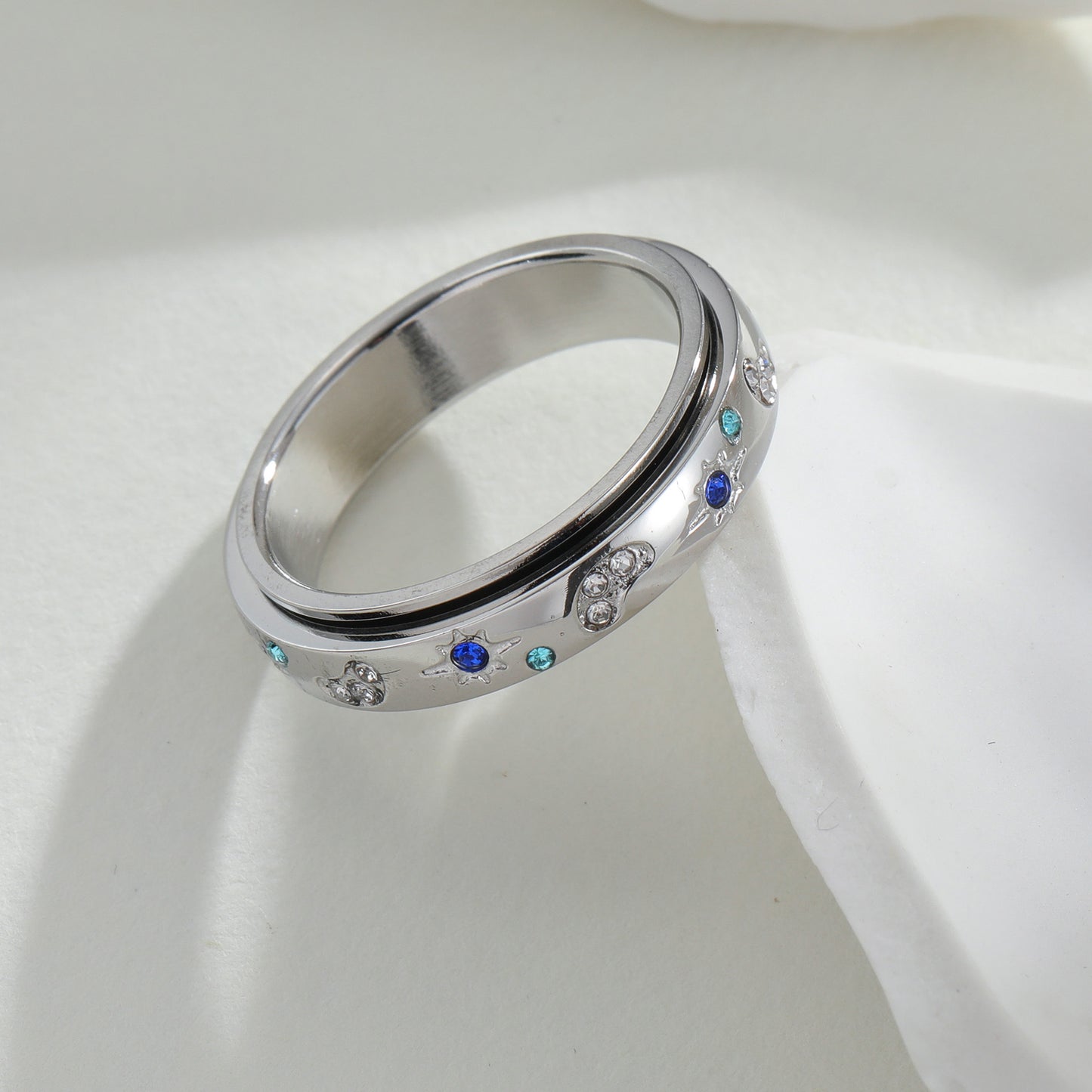 Rotatable Decompression Ring Sun Moon Color Zircon Planderful For Women Ring With Starry Sky Design