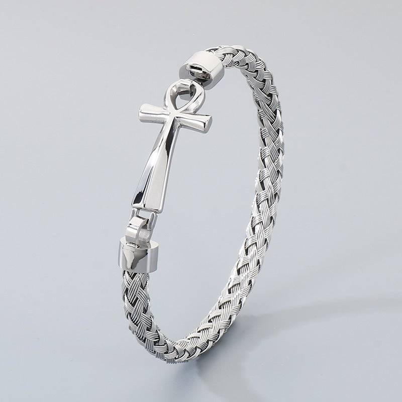 Stainless Steel Braided Wire Bracelet Ancient Egyptian Charm Of Life Anka Cross Men's