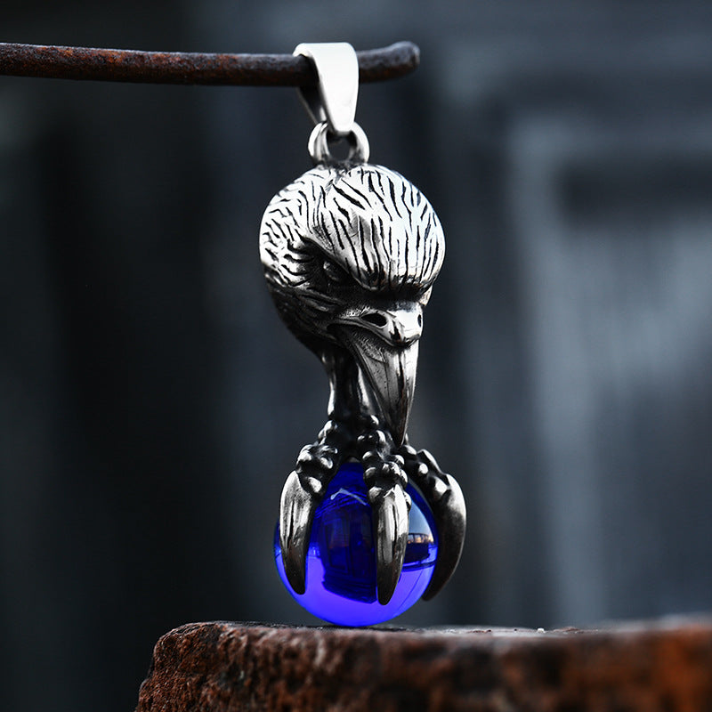 Retro European and American Men's Titanium Steel Pendant with Inlaid Stone Eagle Claw Design