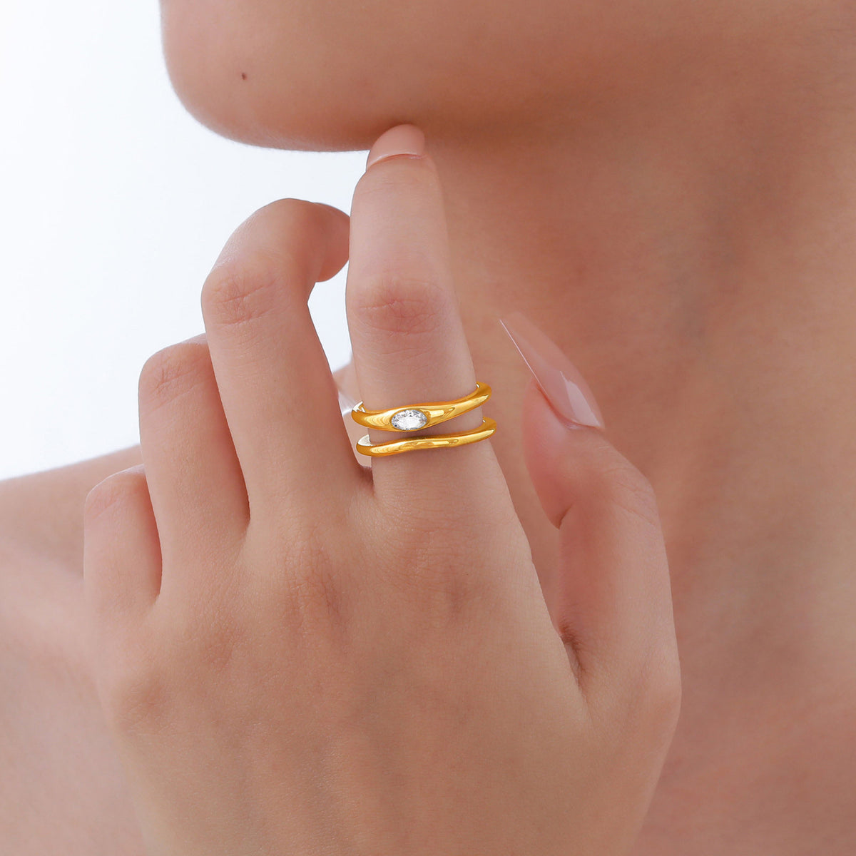 Stainless Steel Glossy White Zircon Open Gold Ring