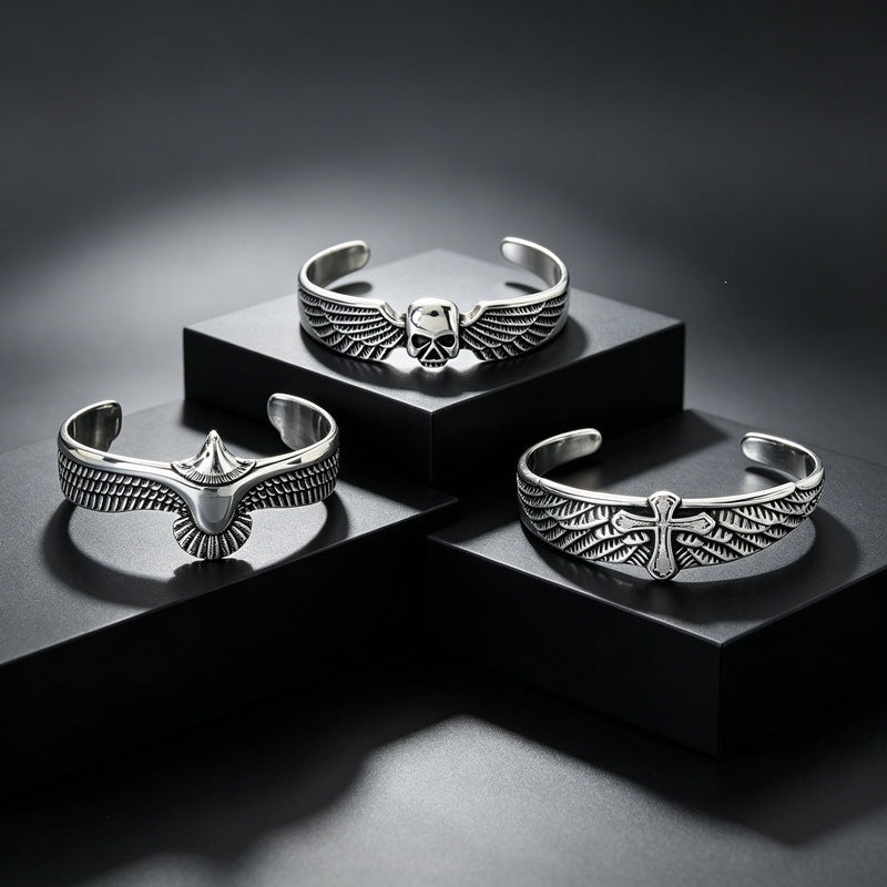 Gothic Skull Flying Eagle Spread Wings Bracelet Punk Cross Angel Wings Stainless Steel