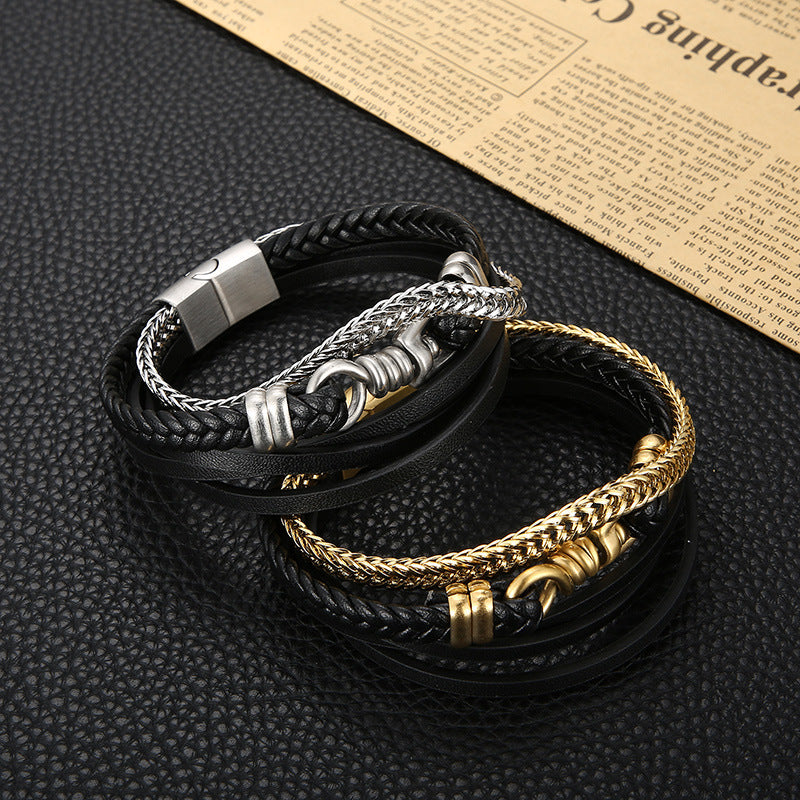 Planderful Men Leather Chain Bracelet Multi Layer Punk