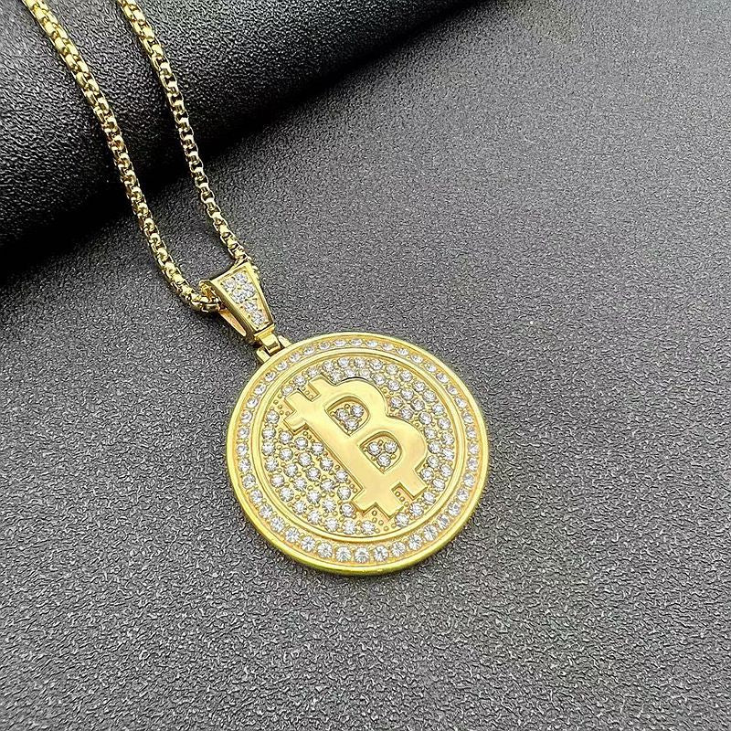 Bitcoin B Pendant Necklace By Planderful Everyday Genie Gold Plated Steel West Coast Hip Hop Style For Crypto Fans