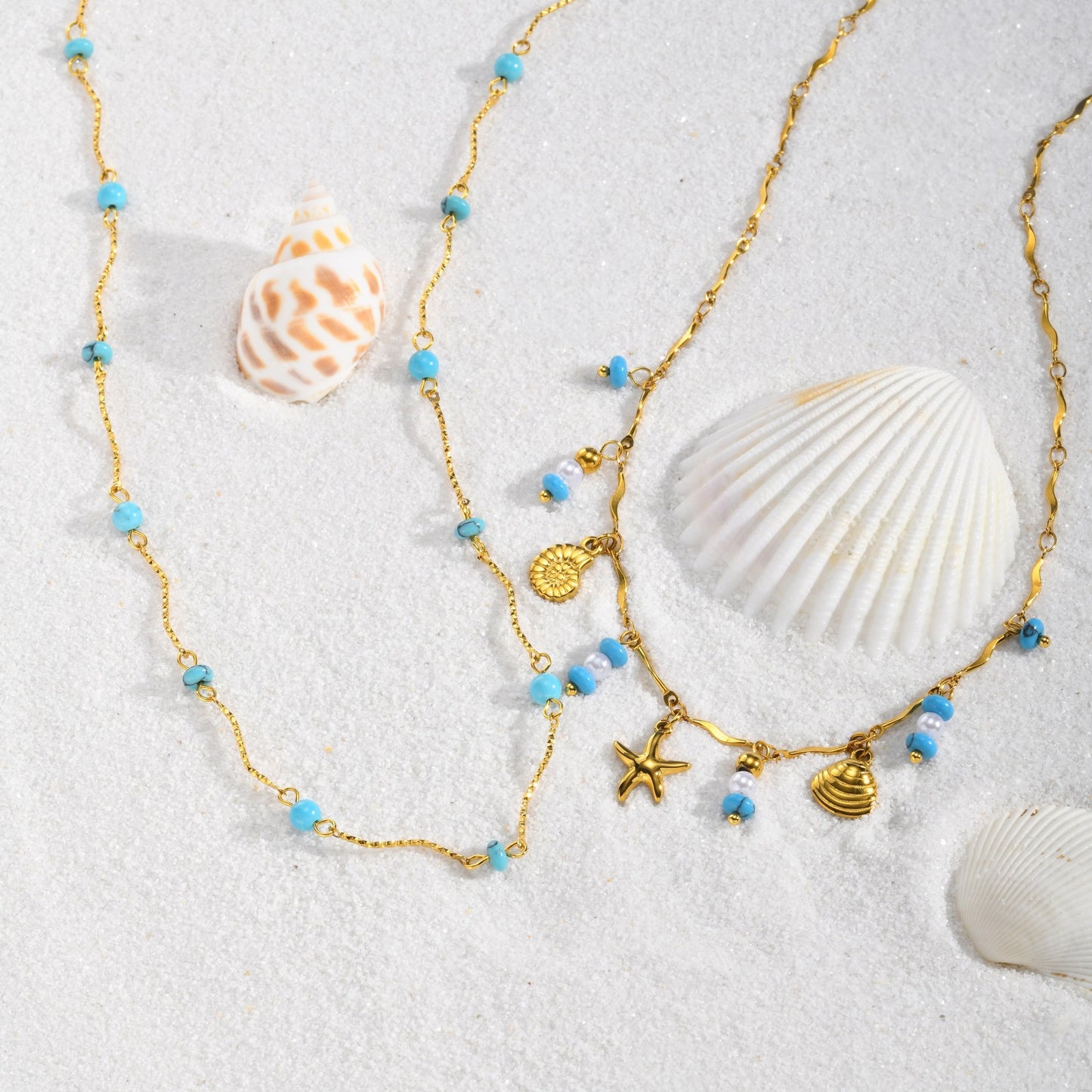 Ocean Wind Stainless Steel Turquoise Imitation Pearl Conch Starfish Shell Wave Bead Necklace