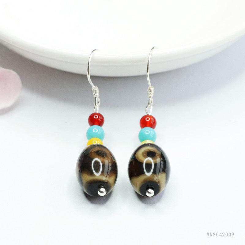 Three-Eye Dzi Agate Barrel Bead Hook Earrings
