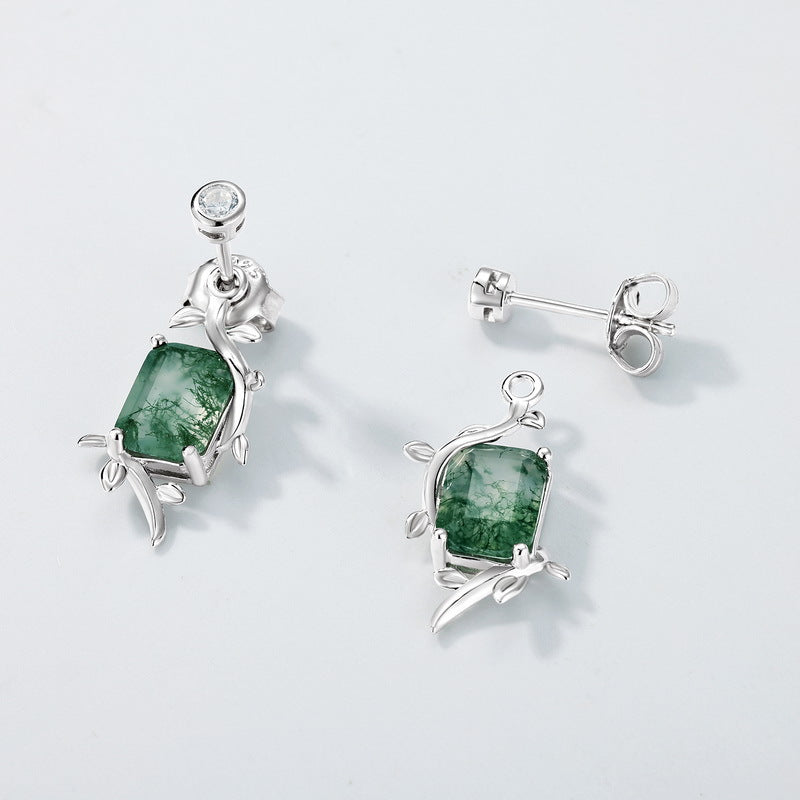 S925 Sterling Silver Moss Agate Signature Stud Earrings