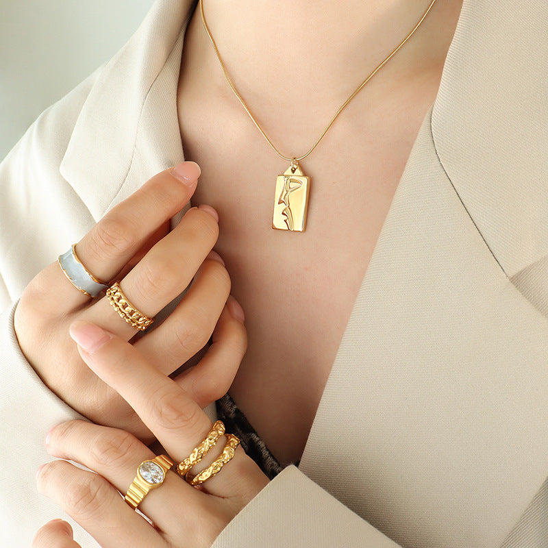 Golden Half-Face Portrait Pendant Necklace with Titanium Plating - European and American Jewelry Trend