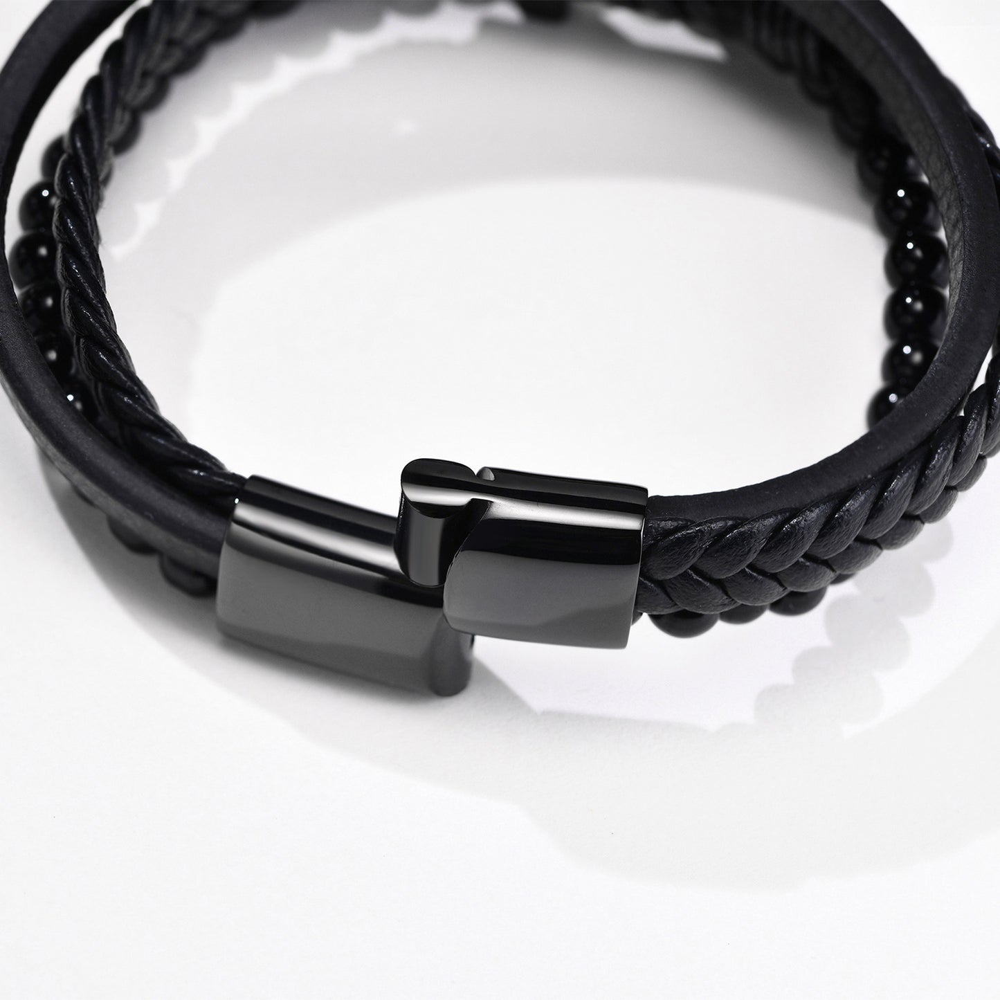 Men's Stainless Steel Cross Black Agate Leather Bracelet
