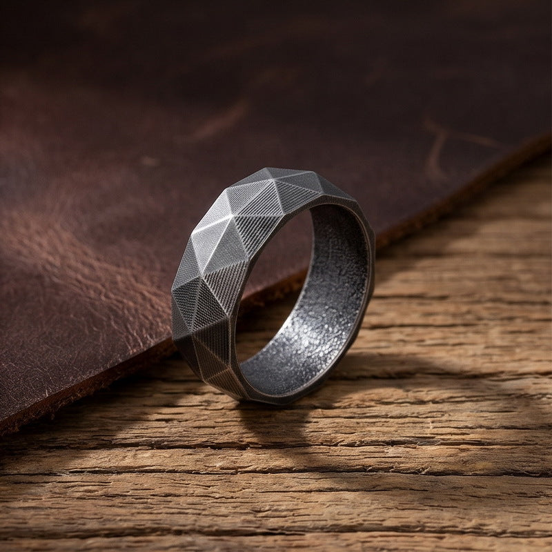 Niche Creative Geometric Ring, Punk Style Retro 8mm Rhombus Cut Stainless Steel Men's